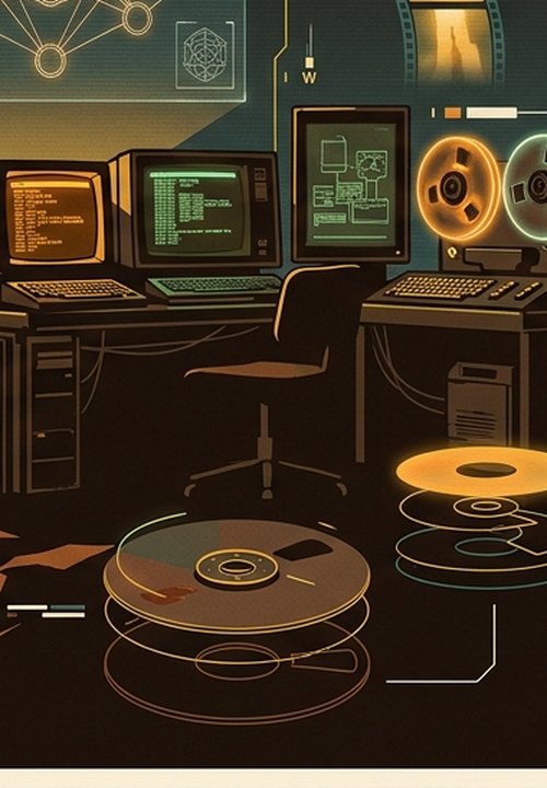 Illustration : plateaux de disques durs devant une station de travail