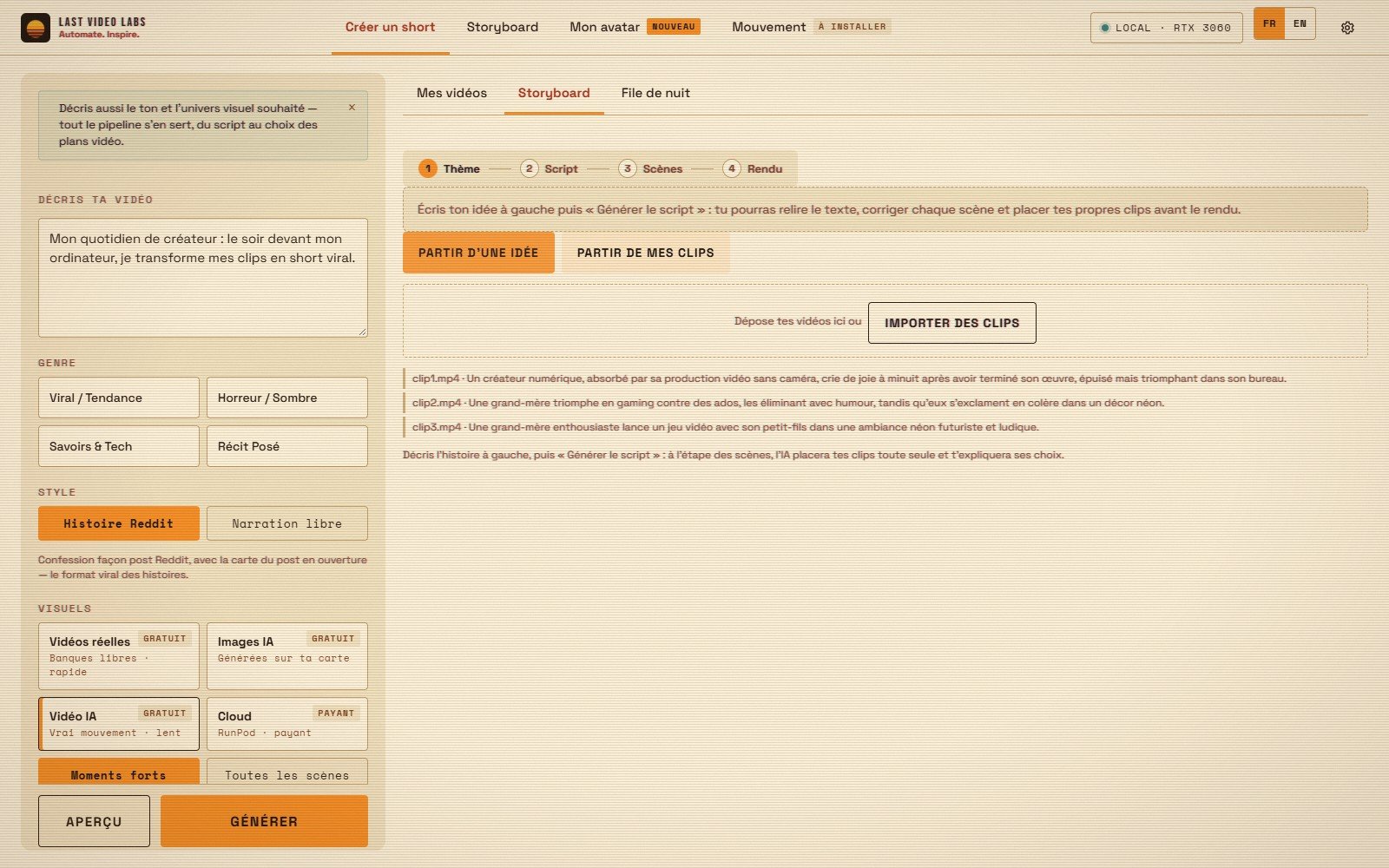 Interface de Last Video Labs : partir de mes clips